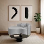 Divã Recamier Curvo Sala de Estar Recepção Inglaterra 150cm Pés Metal Dourado Lado Esquerdo Linho Cinza Claro