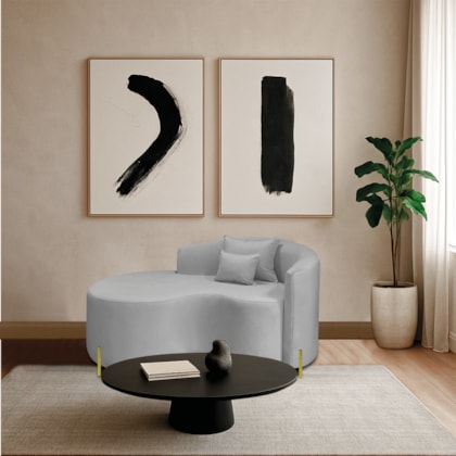 Divã Recamier Curvo Sala de Estar Recepção Inglaterra 150cm Pés Metal Dourado Lado Esquerdo Linho Cinza Claro