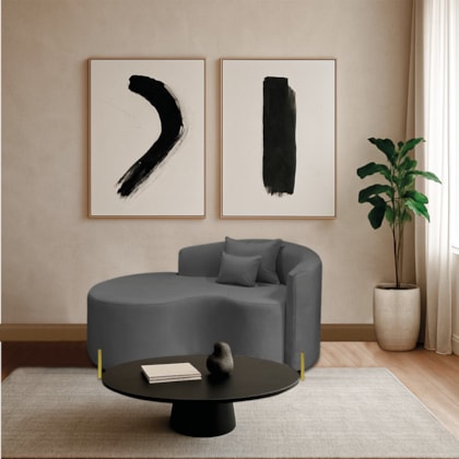 Divã Recamier Curvo Sala de Estar Recepção Inglaterra 150cm Pés Metal Dourado Lado Esquerdo Linho Cinza Escuro