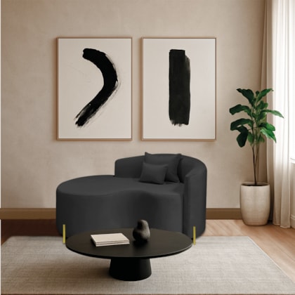 Divã Recamier Curvo Sala de Estar Recepção Inglaterra 150cm Pés Metal Dourado Lado Esquerdo Linho Preto