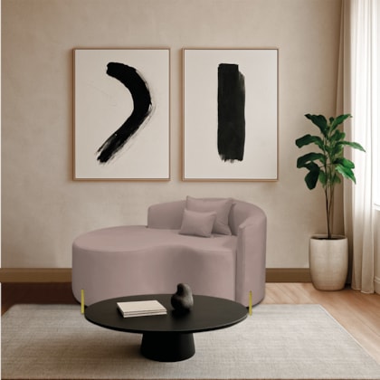 Divã Recamier Curvo Sala de Estar Recepção Inglaterra 150cm Pés Metal Dourado Lado Esquerdo Linho Rosê
