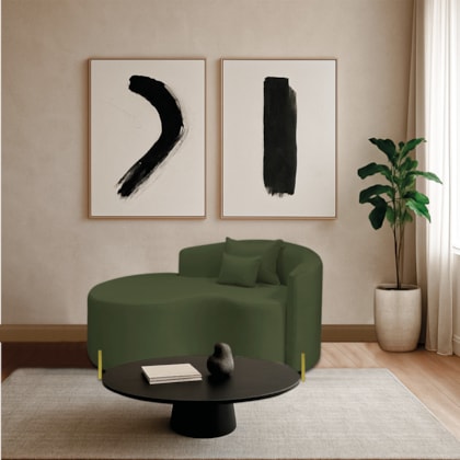 Divã Recamier Curvo Sala de Estar Recepção Inglaterra 150cm Pés Metal Dourado Lado Esquerdo Linho Verde