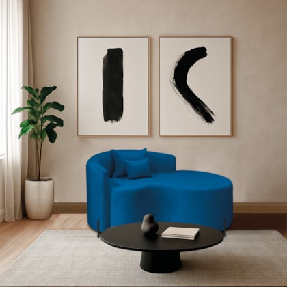 Divã Recamier Curvo Sala de Estar Recepção Inglaterra 150cm Pés Metal Preto Lado Direito Linho Azul Royal