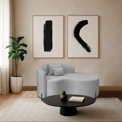 Divã Recamier Curvo Sala de Estar Recepção Inglaterra 150cm Pés Metal Preto Lado Direito Linho Cinza Claro
