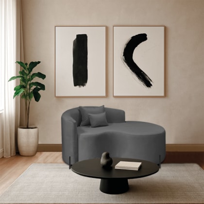 Divã Recamier Curvo Sala de Estar Recepção Inglaterra 150cm Pés Metal Preto Lado Direito Linho Cinza Escuro