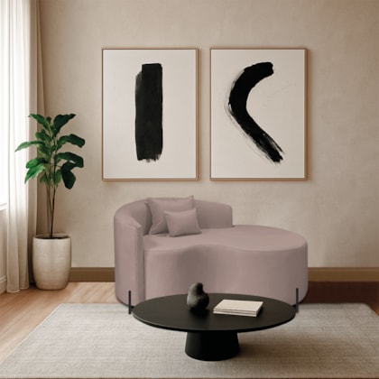 Divã Recamier Curvo Sala de Estar Recepção Inglaterra 150cm Pés Metal Preto Lado Direito Linho Rosê