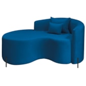 Divã Recamier Curvo Sala de Estar Recepção Inglaterra 150cm Pés Metal Preto Lado Esquerdo Linho Azul Royal