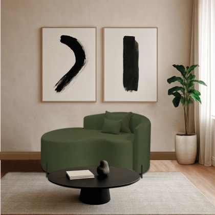 Divã Recamier Curvo Sala de Estar Recepção Inglaterra 150cm Pés Metal Preto Lado Esquerdo Linho Verde