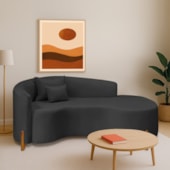 Divã Recamier Curvo Sala de Estar Recepção Inglaterra 180cm Pés Madeira Lado Direito Linho Preto