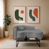 Divã Recamier Curvo Sala de Estar Recepção Inglaterra 180cm Pés Metal Dourado Lado Direito Bouclé Cinza