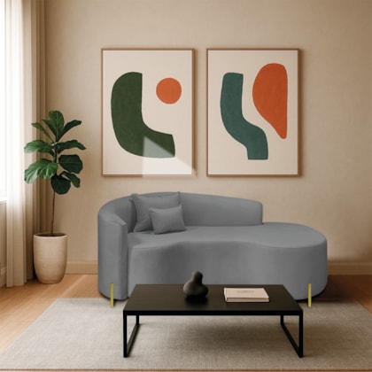 Divã Recamier Curvo Sala de Estar Recepção Inglaterra 180cm Pés Metal Dourado Lado Direito Bouclé Cinza