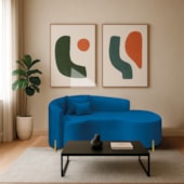 Divã Recamier Curvo Sala de Estar Recepção Inglaterra 180cm Pés Metal Dourado Lado Direito Linho Azul Royal