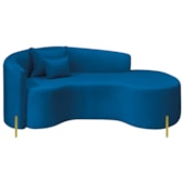 Divã Recamier Curvo Sala de Estar Recepção Inglaterra 180cm Pés Metal Dourado Lado Direito Linho Azul Royal