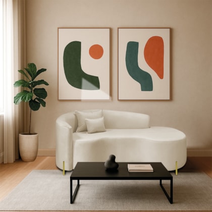 Divã Recamier Curvo Sala de Estar Recepção Inglaterra 180cm Pés Metal Dourado Lado Direito Linho Bege