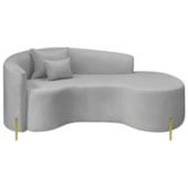 Divã Recamier Curvo Sala de Estar Recepção Inglaterra 180cm Pés Metal Dourado Lado Direito Linho Cinza Claro
