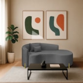 Divã Recamier Curvo Sala de Estar Recepção Inglaterra 180cm Pés Metal Dourado Lado Direito Linho Cinza Escuro