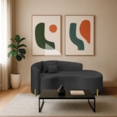 Divã Recamier Curvo Sala de Estar Recepção Inglaterra 180cm Pés Metal Dourado Lado Direito Linho Preto