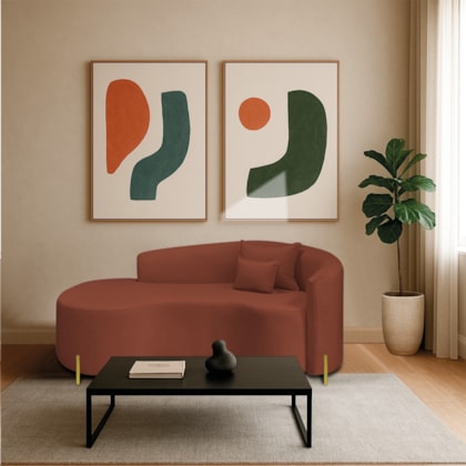 Divã Recamier Curvo Sala de Estar Recepção Inglaterra 180cm Pés Metal Dourado Lado Esquerdo Bouclé Terracota