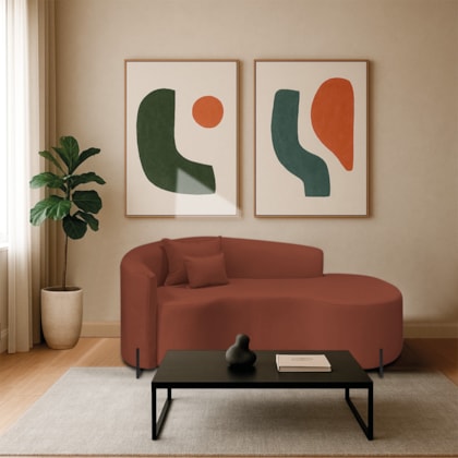 Divã Recamier Curvo Sala de Estar Recepção Inglaterra 180cm Pés Metal Preto Lado Direito Bouclé Terracota