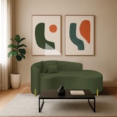 Divã Recamier Curvo Sala de Estar Recepção Inglaterra 200cm Pés Metal Dourado Lado Direito Linho Verde