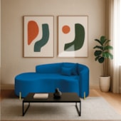 Divã Recamier Curvo Sala de Estar Recepção Inglaterra 200cm Pés Metal Dourado Lado Esquerdo Linho Azul Royal