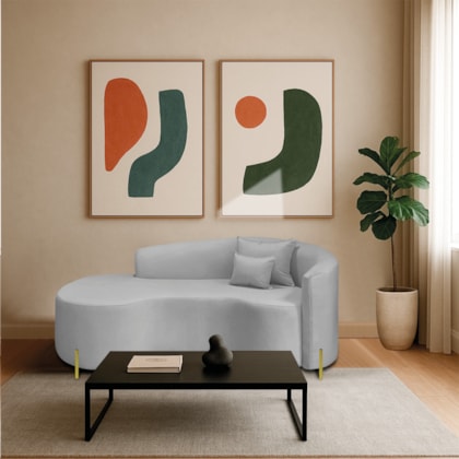 Divã Recamier Curvo Sala de Estar Recepção Inglaterra 200cm Pés Metal Dourado Lado Esquerdo Linho Cinza Claro