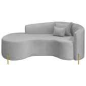 Divã Recamier Curvo Sala de Estar Recepção Inglaterra 200cm Pés Metal Dourado Lado Esquerdo Linho Cinza Claro