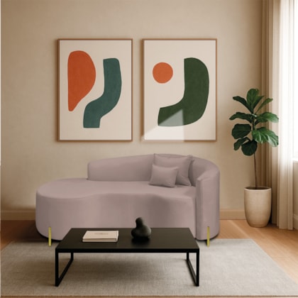 Divã Recamier Curvo Sala de Estar Recepção Inglaterra 200cm Pés Metal Dourado Lado Esquerdo Linho Rosê