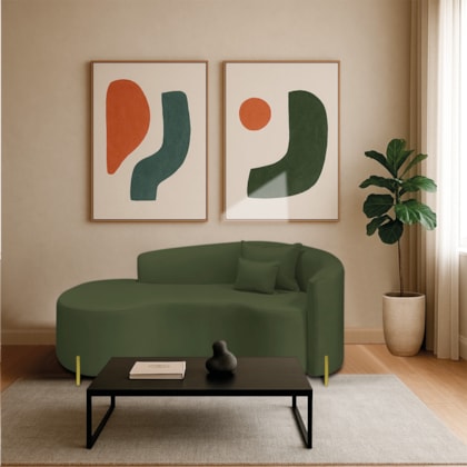 Divã Recamier Curvo Sala de Estar Recepção Inglaterra 200cm Pés Metal Dourado Lado Esquerdo Linho Verde