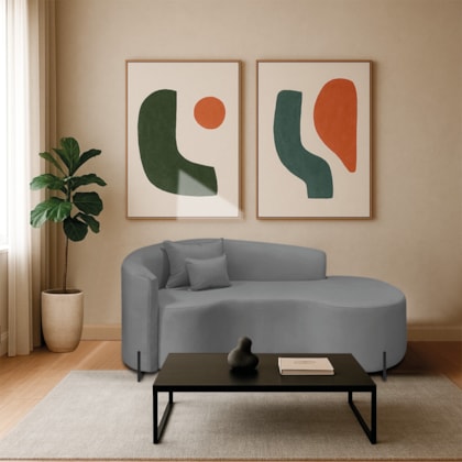 Divã Recamier Curvo Sala de Estar Recepção Inglaterra 200cm Pés Metal Preto Lado Direito Bouclé Cinza