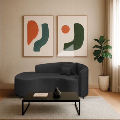Divã Recamier Curvo Sala de Estar Recepção Inglaterra 200cm Pés Metal Preto Lado Esquerdo Bouclé Preto