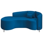 Divã Recamier Curvo Sala de Estar Recepção Inglaterra 200cm Pés Metal Preto Lado Esquerdo Linho Azul Royal