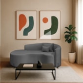 Divã Recamier Curvo Sala de Estar Recepção Inglaterra 200cm Pés Metal Preto Lado Esquerdo Linho Cinza Escuro