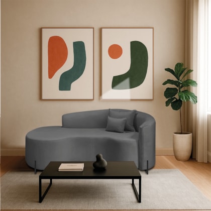 Divã Recamier Curvo Sala de Estar Recepção Inglaterra 200cm Pés Metal Preto Lado Esquerdo Linho Cinza Escuro
