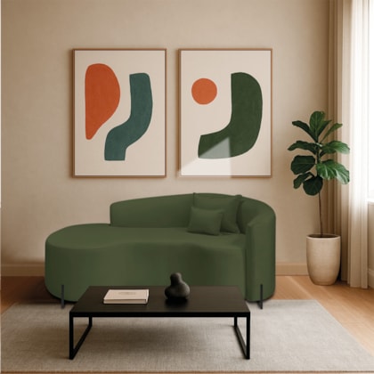Divã Recamier Curvo Sala de Estar Recepção Inglaterra 200cm Pés Metal Preto Lado Esquerdo Linho Verde