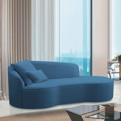 Divã Recamier Curvo Sala de Estar Recepção Inglaterra 220cm Lado Direito Linho Azul Royal