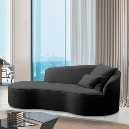 Divã Recamier Curvo Sala de Estar Recepção Inglaterra 220cm Lado Esquerdo Linho Preto