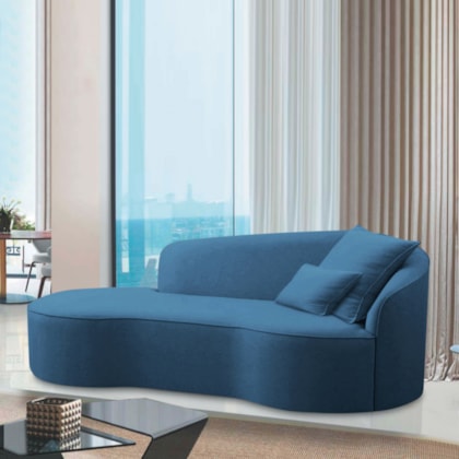 Divã Recamier Curvo Sala de Estar Recepção Inglaterra 250cm Lado Esquerdo Linho Azul Royal