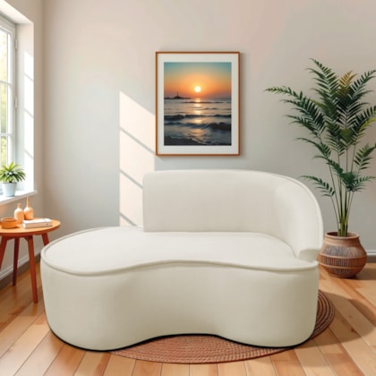 Divã Recamier Curvo Sala de Estar Recepção Marrocos 150cm Lado Esquerdo Bouclé Bege