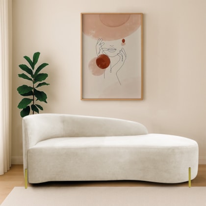 Divã Recamier Orgânico França 140cm Lado Dir Pés Metal Dourado Linho Bege