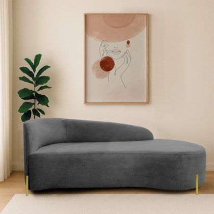 Divã Recamier Orgânico França 140cm Lado Dir Pés Metal Dourado Linho Cinza Escuro