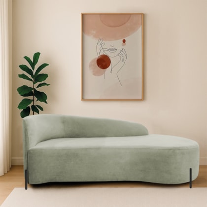 Divã Recamier Orgânico França 140cm Lado Dir Pés metal Preto Bouclé Verde Oliva