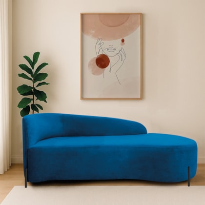 Divã Recamier Orgânico França 140cm Lado Dir Pés Metal Preto Linho Azul Royal