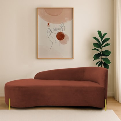 Divã Recamier Orgânico França 140cm Lado Esq Pés metal Dourado Bouclé Terracota