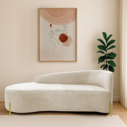 Divã Recamier Orgânico França 140cm Lado Esq Pés Metal Dourado Linho Bege