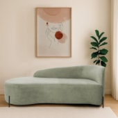 Divã Recamier Orgânico França 140cm Lado Esq Pés metal Preto Bouclé Verde Oliva