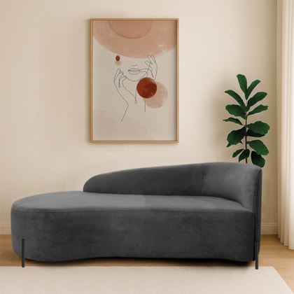 Divã Recamier Orgânico França 140cm Lado Esq Pés Metal Preto Linho Cinza Escuro