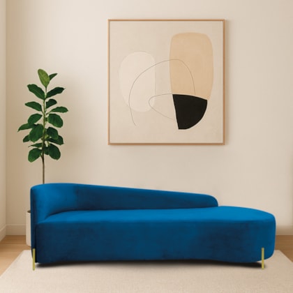 Divã Recamier Orgânico França 160cm Lado Dir Pés Metal Dourado Linho Azul Royal