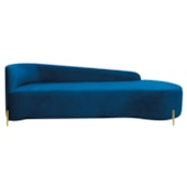 Divã Recamier Orgânico França 160cm Lado Dir Pés Metal Dourado Linho Azul Royal