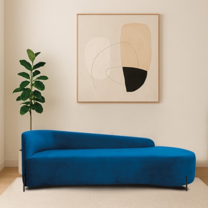Divã Recamier Orgânico França 160cm Lado Dir Pés Metal Preto Linho Azul Royal